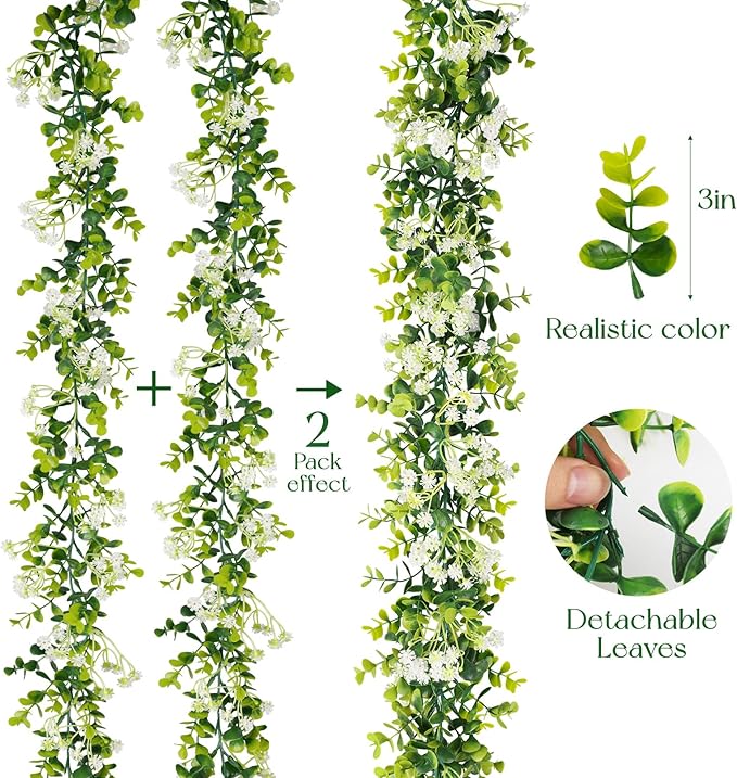 6FT Eucalyptus Garland with Flowers, 2 Pack Artificial Greenery Garland Hanging Spring Eucalyptus Garland Suitable for Table Wedding Backdrop Arch Wall Party UV Protected Indoor Outdoor Decor