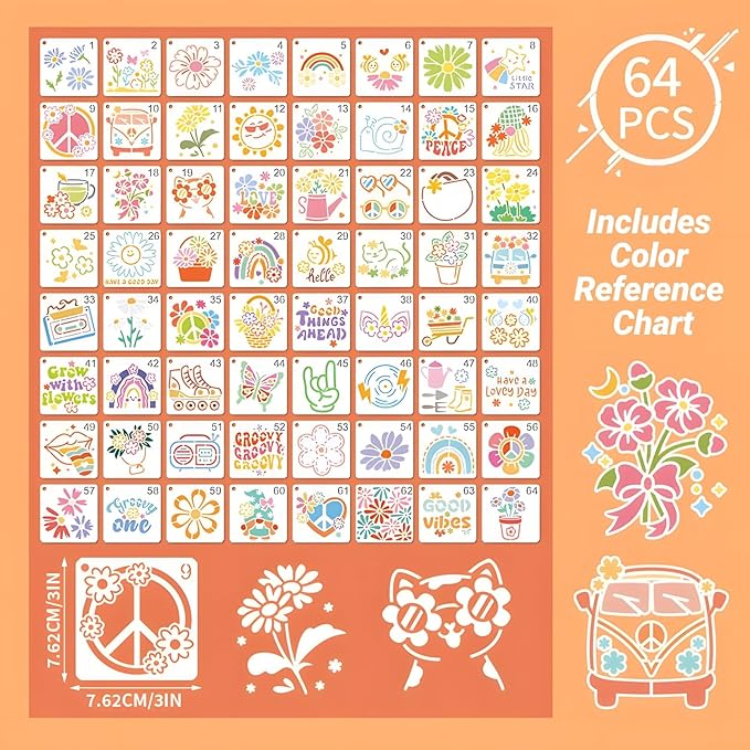 Stencils for Painting, Hippie Style Stencils for Crafts Reusable, 3 Inch Plastic Drawing Templates for Painting on Wood Wall Canvas Fabric, Small Hippy Tempates for DIY Project & Home Decor