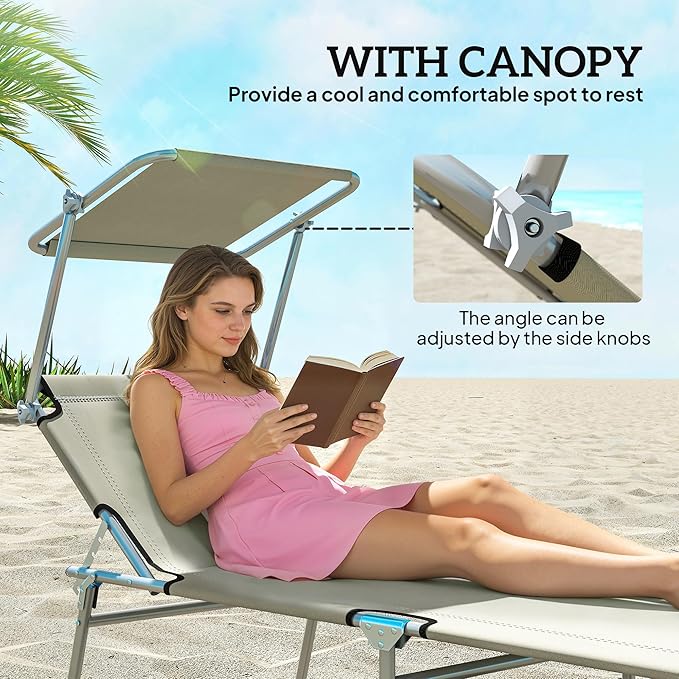 Outsunny Outdoor Lounge Chair, Adjustable Folding Chaise Lounge, Tanning Chair with Sun Shade for Beach, Camping, Hiking, Backyard, Cream White