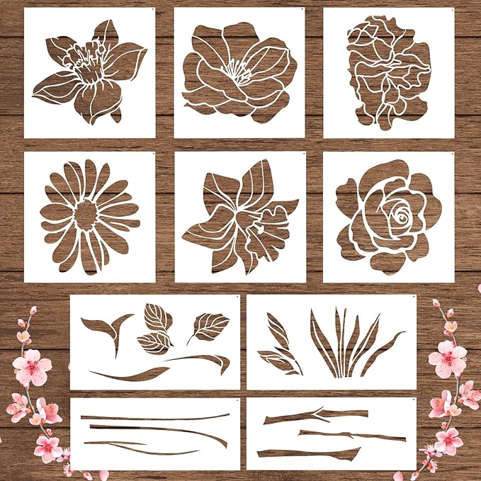 10pcs Flower Stencils for Painting, Large Floral Stencils for Painting on Walls Reusable Flower Templates Stem Leaf Stencils for Painting on Wood Walls Garden Fences Furniture Crafts