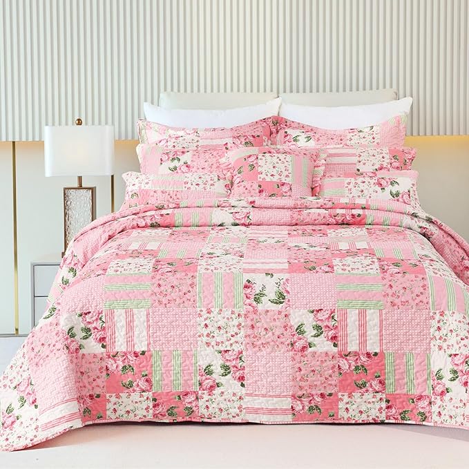 Cmfshape Floral Bedspread with 2 Pillow Shams-King Size,Patchwork Pink Quilt Set 3 Piece,Summer Quilt for Girls Women,Lightweight Reversible Bed Coverlet for All Seasons(King106 x96 Pink)