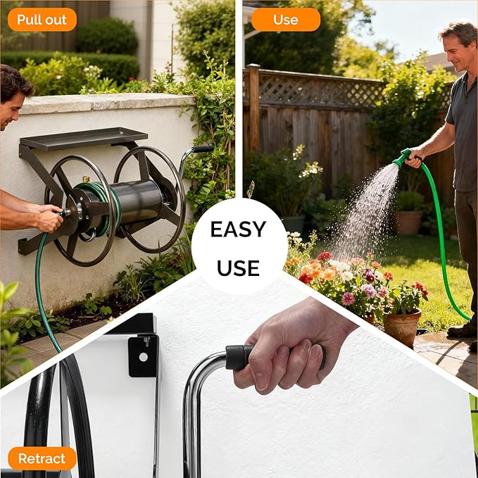 VINGLI Garden Hose Reel, Wall Mount Water Hose Reel for Garden Outside with Heavy Duty Space Saving Rolling Design Metal, 175FT Capacity for 3/4" Hose for Outdoor Use (Bronze)