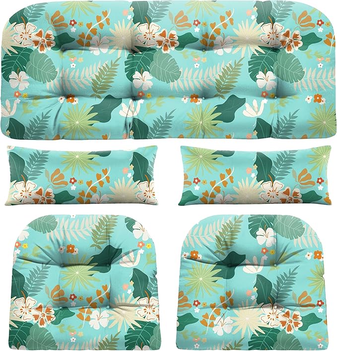 Wicker Chair Cushions of 5 Pieces, Waterproof Outdoor Loveseat Cushion for Wicker Furniture, 1 Love Seat Cushion, 2 U-Shape and 2 Lumbar Pillows for Patio Furniture (Cyan Flower)