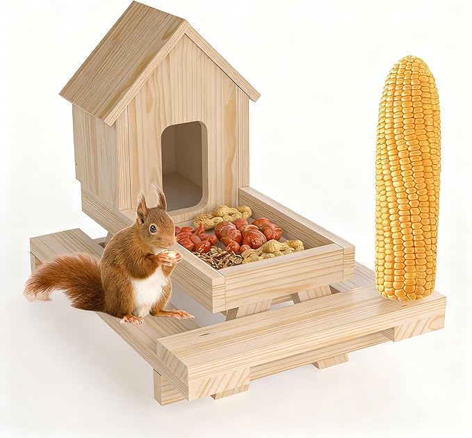 Wooden Squirrel Feeder, Squirrel Picnic Table Feeder with Corn Cob Holder, Squirrel Feeders for Outside Backyard