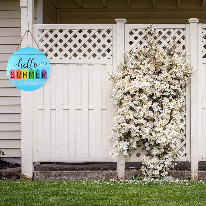 Hello Summer Wooden Door Sign, 12 Inch, Blue, Rustic, Nature Theme, Hanging Ornament, Door Mount, 1 Count