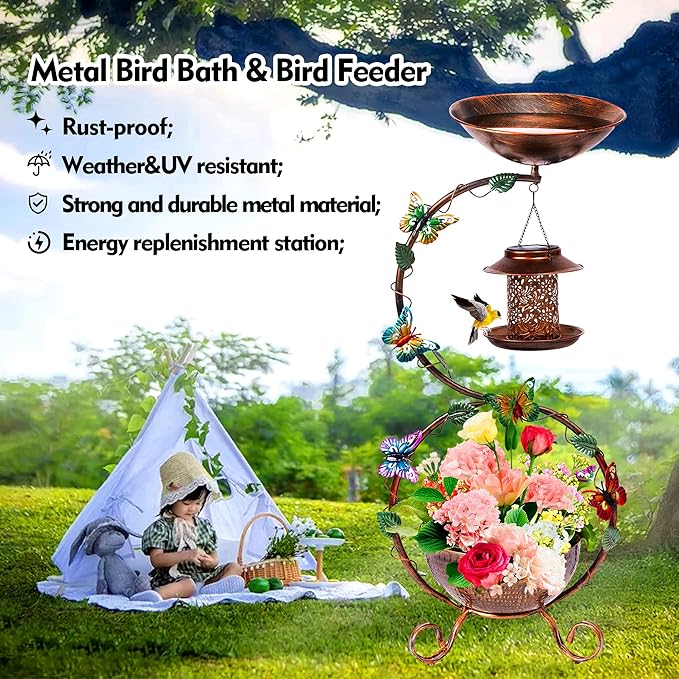 37.8" Bird Bath and Solar Bird Feeders Combo with Flower Planter Pedestal, Metal Bird Baths for Outdoors, Decorative Birdbath with Butterfly for Outside Garden Yard, Weather Resistant