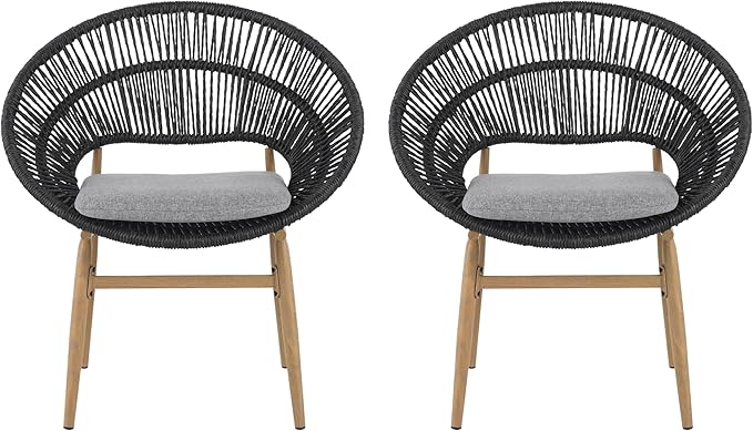 Christopher Knight Home Cyril Papasan Chair Set of 2, Patio Wicker Dining Chair, Patio Furniture Set, Comfy Reading Single Sofa with Cushion, Light Brown+Dark Gray