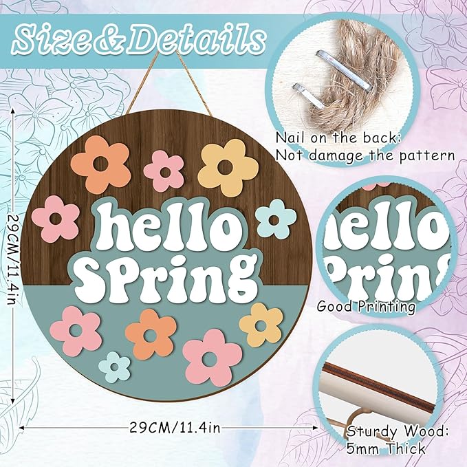 Whaline Hello Spring Wooden Hanging Sign Retro Boho Flower Wreath Sign Farmhouse Rustic Floral Door Hanger Sign for Indoor Outdoor Home Porch Window Decor