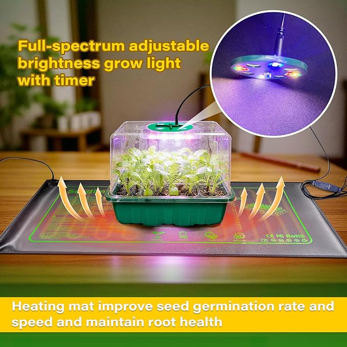 Seed Starter Kit with Grow Light and Heat Mat, 6 Pack 12-Cell Seedling Trays with LED Panels, Adjustable Timer & Dimmer Indoor Plant Propagation Station for Herbs, Vegetables, Flowers
