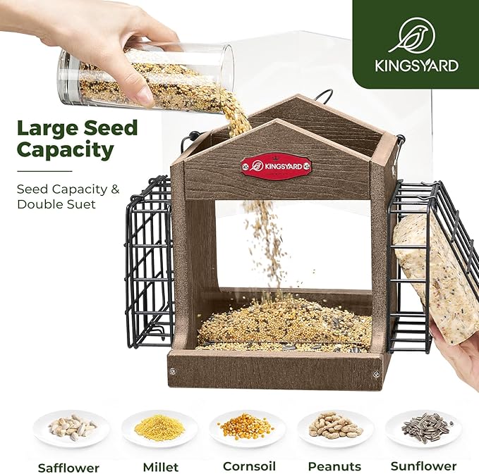 Kingsyard Hopper Bird Feeder for Outdoor Hanging - Recycled Plastic Double Suet Cages Wild Bird Feeder with Metal Mesh Tray and Rainproof Roof, 2.5 LBS Large Capacity. Brown