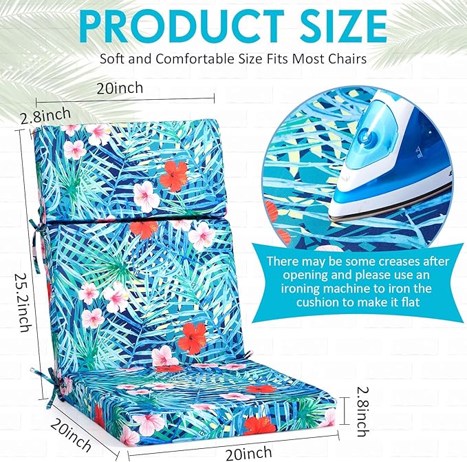 4 Pack Outdoor High Back Chair Cushion, 44 x 20 inches Patio Chair Cushions Waterproof Rocking Cushions Indoor Furniture Seat Pad, Weather Resistant (Plants,Blue)