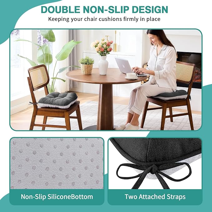 BETU Black Chair Cushions for Dining Chairs Set of 4,3.5" Thick Kitchen Table Chair Pads with Ties,Non Slip Backing and Covers,Seat Cushion for Dining Room,Bar,Patio Chairs,16"X16"X3.5",Black