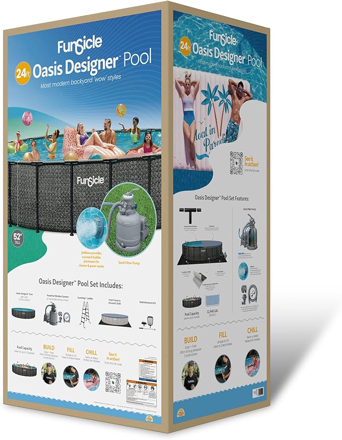 Funsicle Oasis Designer 24' x 52" Round Above Ground Swimming Pool, with 12" Sand Filter Pump, Ladder, Maintenance Kit, Cover, Ground Cloth & Repair Patch, Dark Herringbone