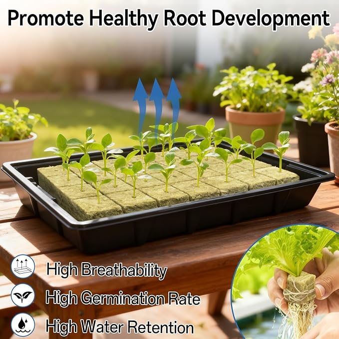 Halatool Seed Starter Kit, Reusable Plant Germination Trays with 28 Pcs Rockwool Cubes, Indoor Greenhouse Gemination for Hydroponic Cuttings Propagation Clone Gardening