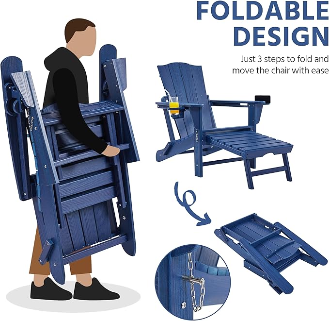 Yaheetech Adirondack Chair with Retractable Ottoman, All Weather Patio Folding Fire Pit Chair with Cup Holder and Phone Holder for Outdoor Poolside, Navy Blue, 2 pcs