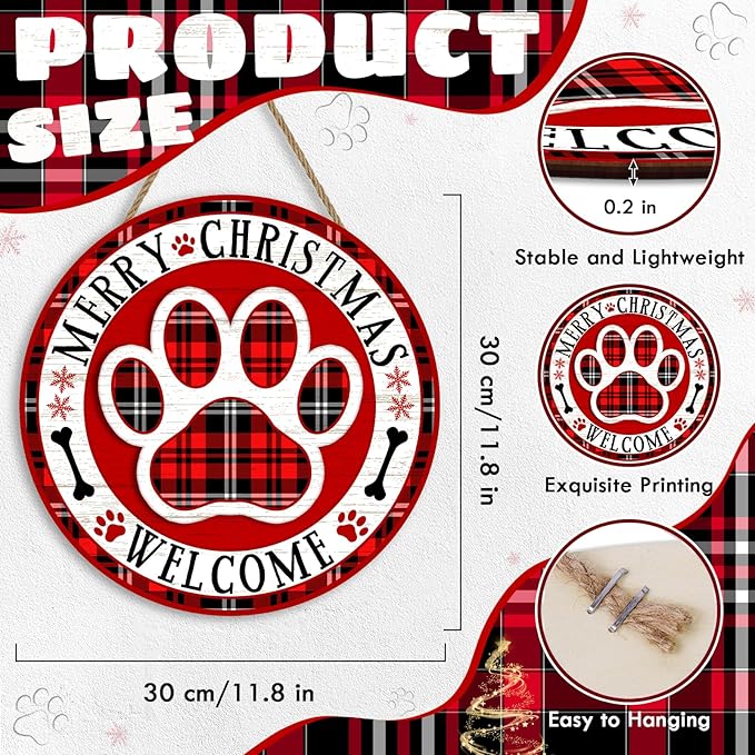 Christmas Dog Paw Welcome Door Sign for Front Door Decor, Pet Red Plaid Wooden Hanging Plaque Farmhouse Rustic Outdoor Indoor Wall Decoration for Home Porch Yard Winter