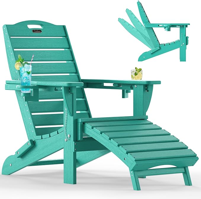 Ciokea Folding Adirondack Chair with Retractable Ottoman Fire Pit Patio Chair with Pull Out Foot Rest Weather Resistant Lawn Outdoor Lounge Chair with 2 Cup Holder (Lake Blue)