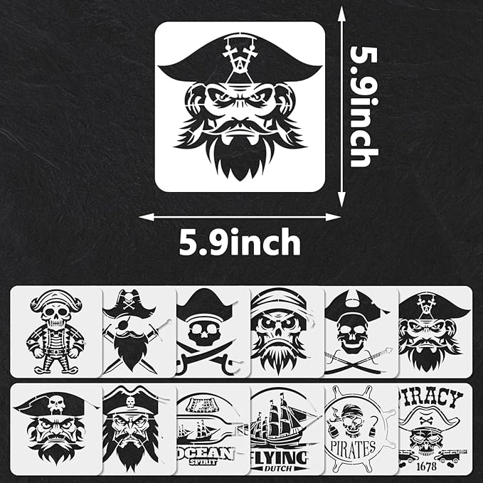 YKW 12 Pcs Pirate Stencils Set, Reusable Nautical Theme Painting Templates, Skull Crossbones Ship Captain DIY Crafts, for Wood Walls Chalkboards Rocks,Ideal for Crafters,and Artists
