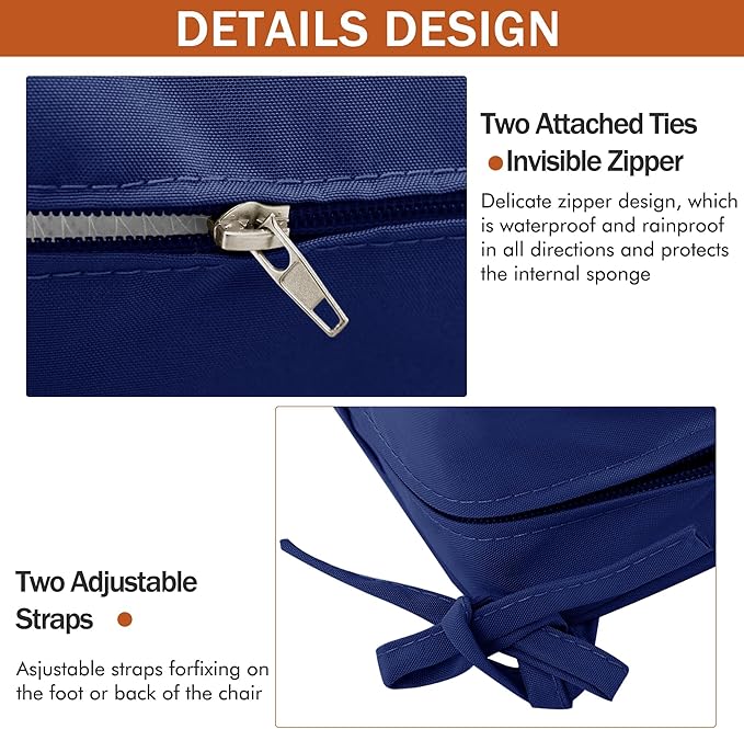 4 Pack Outdoor Chair Cushions 19 x 19 Inch Waterproof Patio Chair Cushions with Tie 5 Year Color Fastness Thick Outdoor Seat Cushion for Garden Lawn Patio Furniture Navy