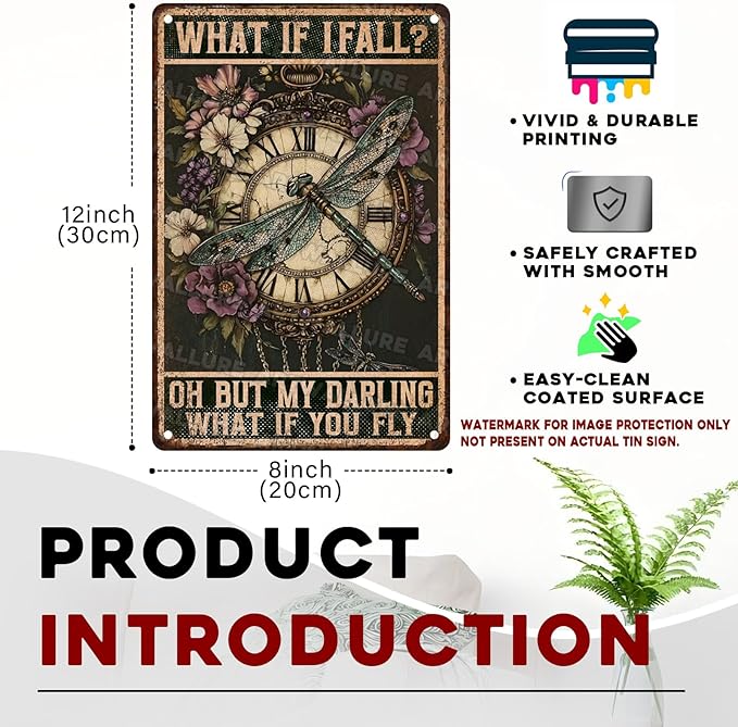 Dragonfly Tin Sign “What If I Fall” - Vintage Hippie Metal Wall Art for Bedroom, Home Office, Cafe & Boho Decor 8x12 Inch