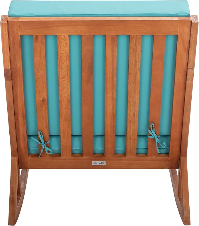 Safavieh Outdoor Collection Vernon Wood Blue Cushion Rocking Chair PAT7013Q, Natural/Aqua