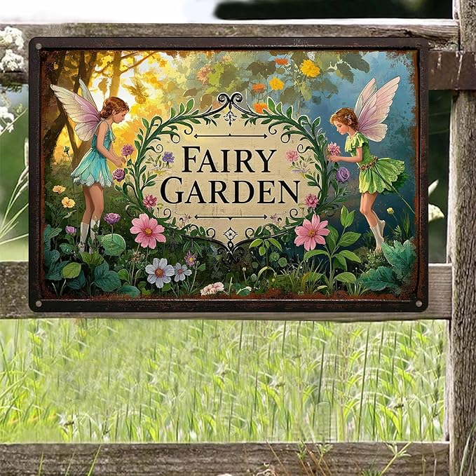 Gardening Gifts Vintage Garden Mental Tin Signs " FAIRY GARDEN" Retro Fairies Plants Picture for Home Garden Greenhouse Yard Decor (8x12 Inch)