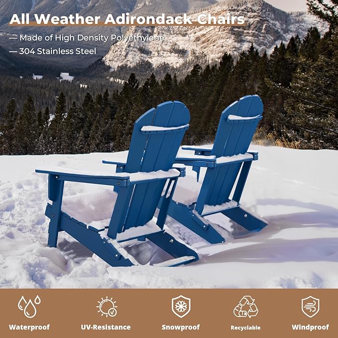 BRIOPAWS Folding-Adirondack-Chairs Set of 6 | HDPE Plastic | Fire Pit Chair | Cup Holder | Curved Back | All Weather | for Outdoor Backyard Deck Patio | Blue