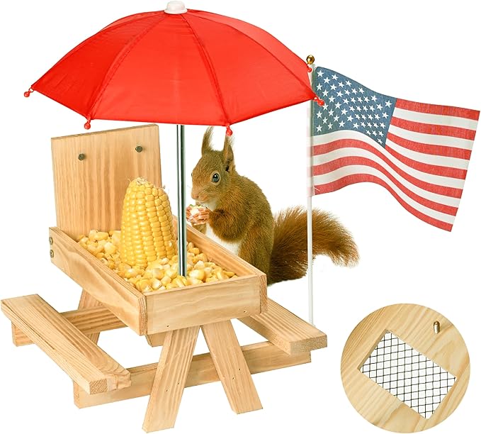 Squirrel Feeder Picnic Table with Umbrella, Wooden Squirrel Feeders for Outside with Corn Cobs Holder Cute Chipmunk Feeder, Easy to Fill with Removable Front Panel
