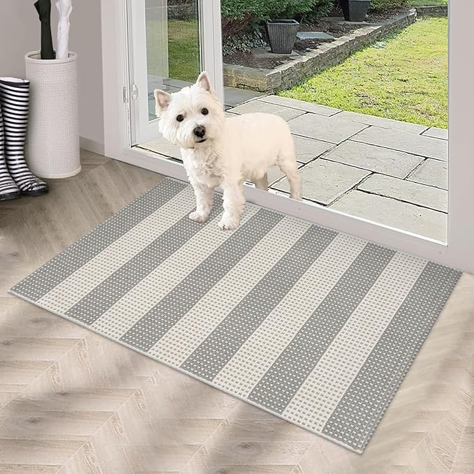 Striped Grey and White Outdoor Rug 2x3,Washable Reversible Front Door Mat Cotton Hand-Woven Porch Rug, Foldable Spring Layered Door Mats for Entryway/Farmhouse
