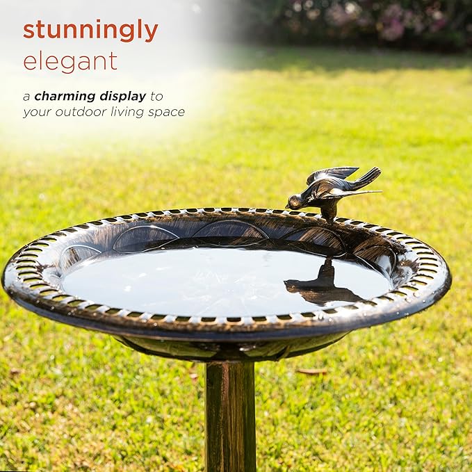 Alpine Corporation 27" Tall Outdoor Antique Pedestal Birdbath with Bird Statue Decor, Durable Polypropylene Construction, Bronze