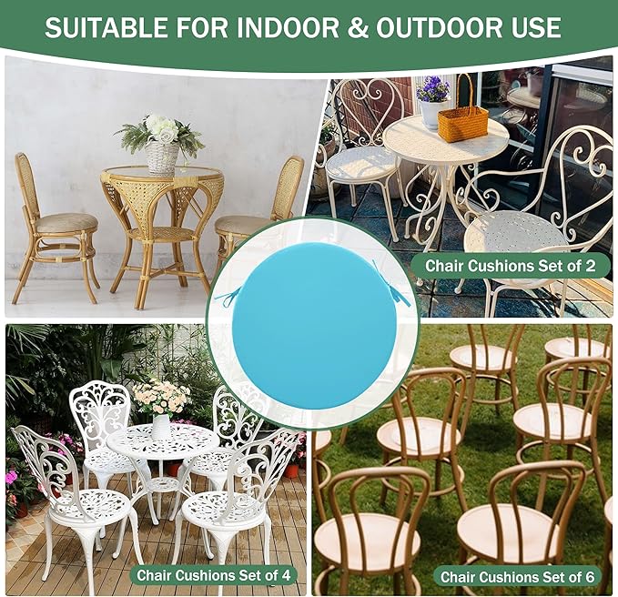 Outdoor Bistro Chair Cushions Set of 2, 15" D x 3" H Round Chair Cushions Waterproof and Fade Resistant Chair Cushion Pads with Non-Slip Ties and Removable Covers for Garden, Teal
