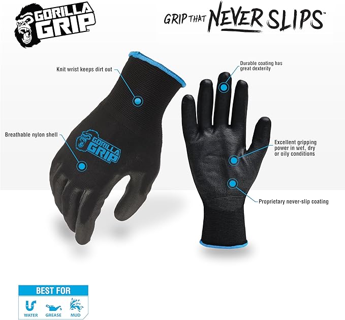 Gorilla Grip Work Gloves, Never Slip Maximum Grip All-Purpose, Gloves for Men, Superior in Wet, Dry, Oily Conditions, Polymer Palm, Extra Large Size, 1 Pair, Black/Blue| 25054-26
