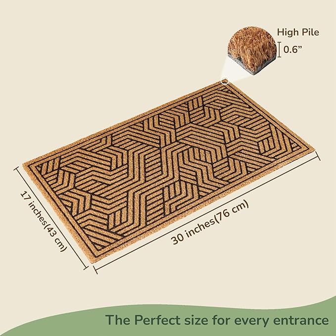 Welcome Doormats, Natural Coco Coir Mats with Non-Slip PVC Backing, Indoor Outdoor Mats for Home & Office, Floor Rugs for Door Decor, Geometric Porch Rug with Black Maze Pattern, 30"x17"