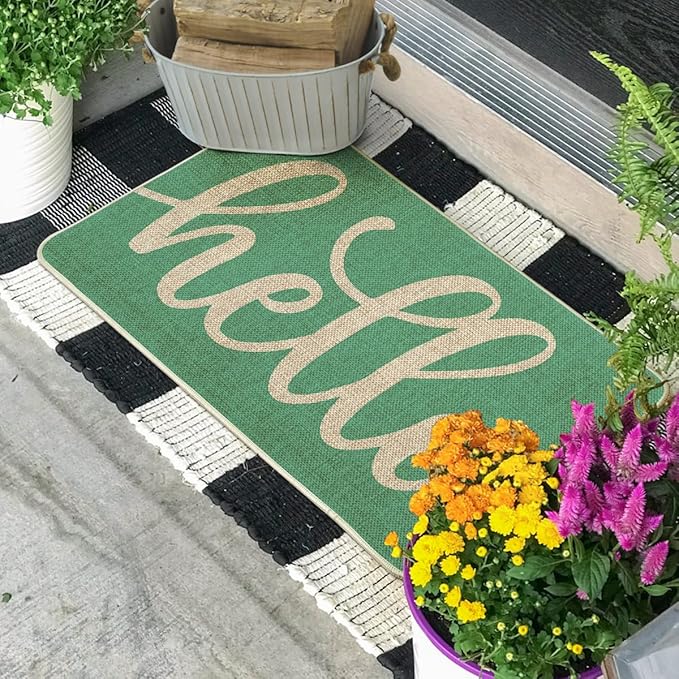 Artoid Mode Aqua Turquoise Hello Summer Doormat, Spring Home Decor Low-Profile Switch Rug Door Mat Floor Mat for Indoor Outdoor 17x29 Inch