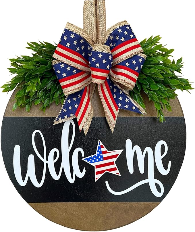 Welcome Sign for Front Door Decoration, 12" Round Wood Wreaths Hanging Welcome Sign Porch Farmhouse Decor Housewarming Gift
