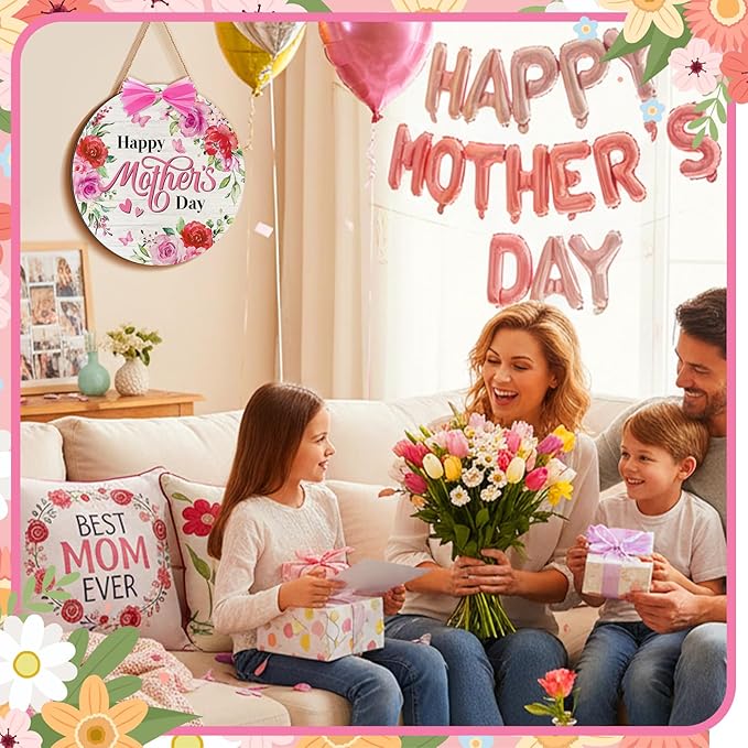 Boao Happy Mother's Day Wooden Door Hanging Sign Pink Welcome Farmhouse Door Decor Vintage Mother's Day Wood Rose Bow Gift Sign Rustic Wall Plaque Ornaments for Window Wall Porch