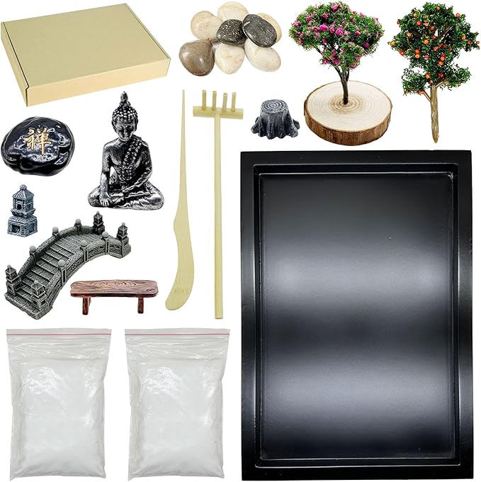 Woohome Mini Zen Garden Kit - Desktop Decor With White Sand, Rocks, Chairs, Towers, Bridges, Model Trees for Home Office