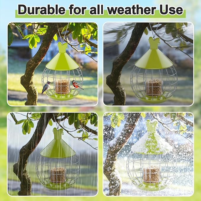 Bird Feeder for Outdoor, Squirrel Proof Bird Feeder for Outdoors Hanging, Weatherproof, Easy to Clean & Refill, Large Capacity Metal Seed Feeder for Finch, Blue Jay, Hummingbird, Green