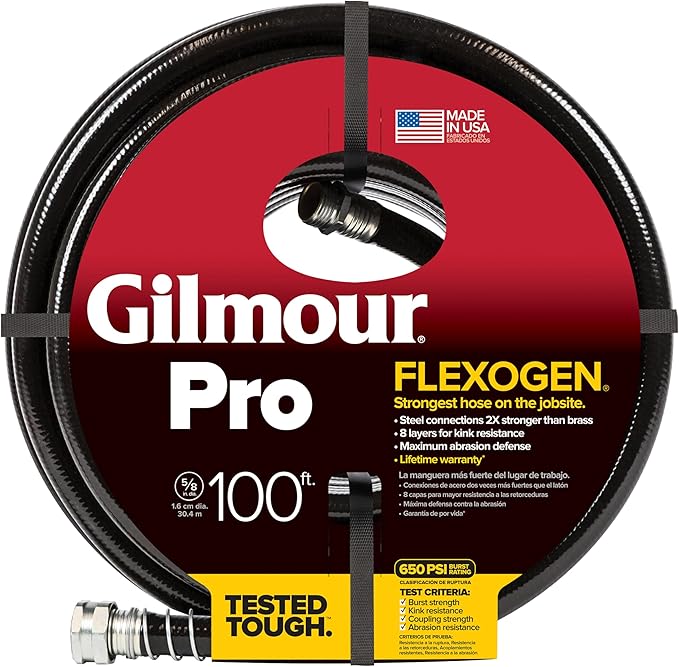 Gilmour Pro 5/8" x 100' Heavy Duty Flexogen Water Hose, Flexible Garden Hose for Vegetable Gardens, Flower Beds, and Lawn Sprinklers, Black