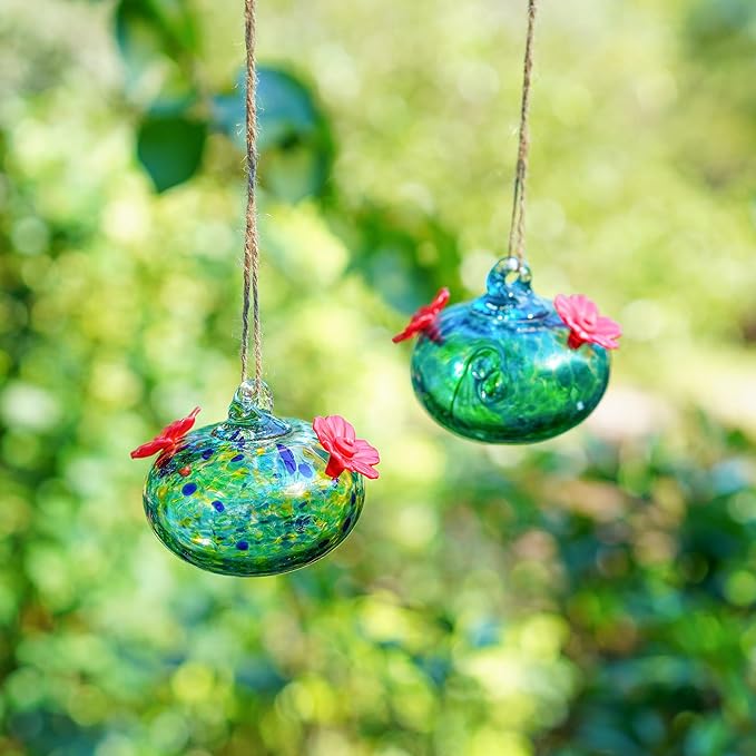 2pcs Small Glass Hummingbird Feeders for Outdoors Humming Bird Feeder with 2 Flower Feeding Ports for Window Garden Patio Decor Blown Glass Hummingbird Feeder for Outside