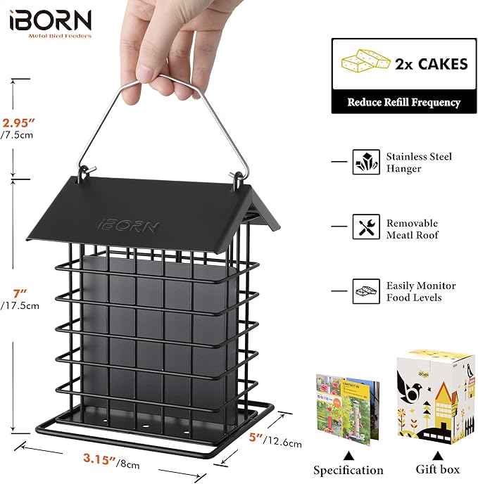 iBorn Suet Feeder for Outside Hanging,Suet Bird Feeders for Outdoors,Suet Holder With Squirrel Proof Hanger Hook,Suet Cage Bird Feeders,Woodpecker Feeder,Weatherproof Metal Roof,All Metal,1 Pack,Black