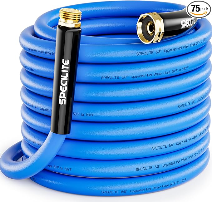 SPECILITE Hot/Cold Garden Water Hose 75 ftx 5/8 in, -50℉ To 190℉, Heavy Duty, Flexible, Burst 605 Psi, Lightweigh, Upgraded Rubber Pipe with 3/4" Brass Fittings For Backyard, Outdoor, Farm, Blue