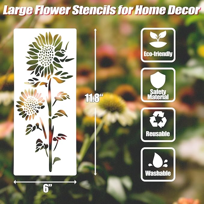 Large Flower Stencils for Painting, 6PCS 12 x 6 Inch Craft Stencils for Decorating Furniture, Fence, Walls, and Windows