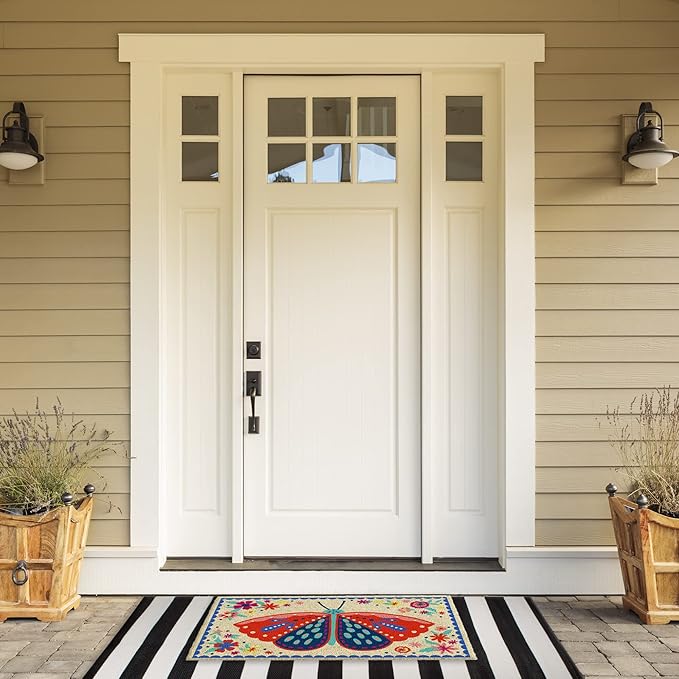 DII Natural Coir Doormat Outdoor Welcome Mat, 17x29, Folk Butterfly