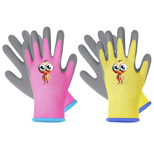 Kids Gardening Gloves, 2 Pair Toddler Gardening Gloves, Girls Garden Gloves, Rubber Non-Slip Safety Work Gloves for Kids, Youth, Garden, Fishing, Cycling and Gardening Tools (Ages 8-12)