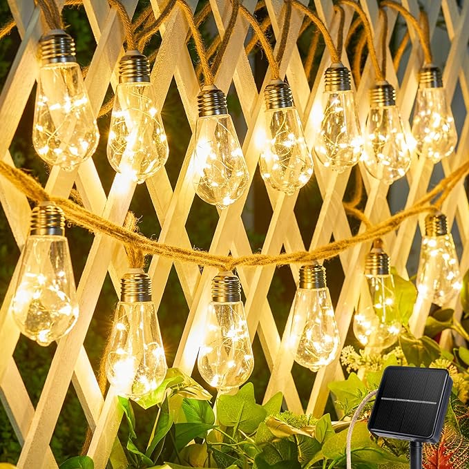 Brightown 30FT Solar String Lights Outdoor with 15 Shatterproof Bulbs, 8 Light Modes Vintage Hemp Rope LED Patio Lights, Waterproof Hanging Lights for Porch Garden Café Bistro Decor, Warm White