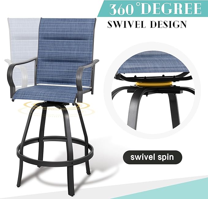 Vongrasig 4 Piece Outdoor Patio Swivel Bar Chairs, All Weather Padded Sling Textile High Top Bar Stools, Bistro Set for Backyard, Lawn Garden, Balcony, Padded Blue