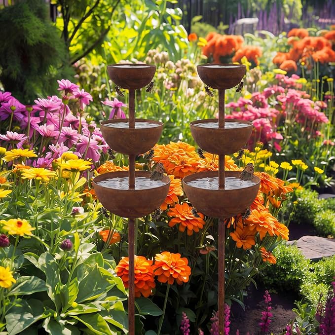 LemonRoad 2 Pack Bee Watering Station 3 Tiered Bowl Shaped Butterfly Water Feeder Small Insects Bathing Stand Rusty Metal Water Catcher Garden Stakes for Outdoor Garden Decor