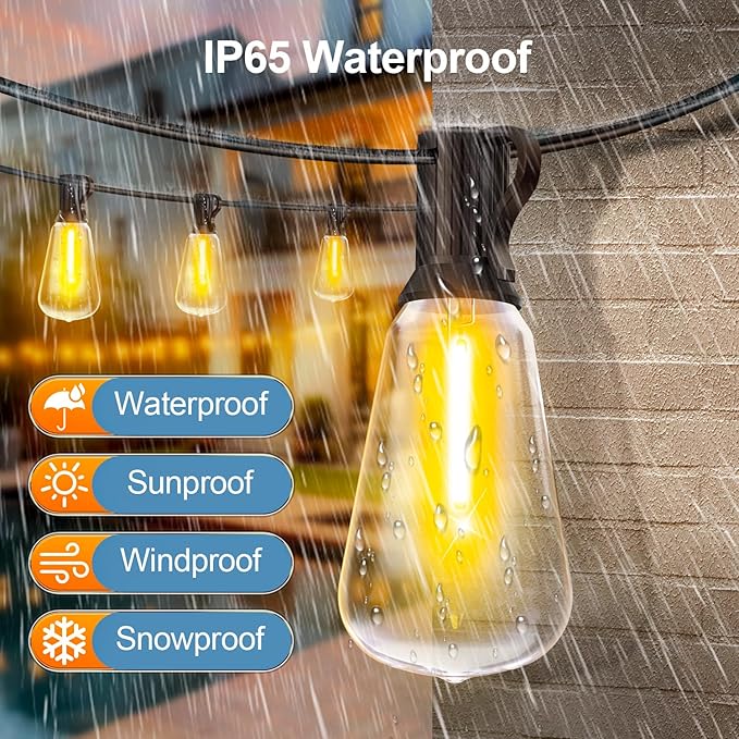 Outdoor String Led Patio Lights - 200Ft 60M Outside Waterproof Light With Remote Dimmable ST38 Shatterproof Bulb Connectable Hanging Outdoor Electric Lighting For Backyard Yard Gazebo Porch Party