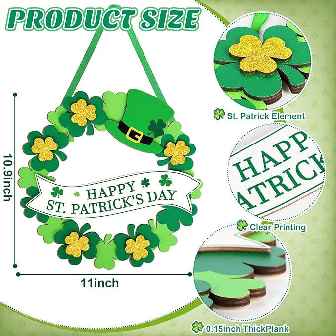 Wooden St Patricks Day Wreaths for Front Door Decoration Shamrock Door Sign Wall Signs Clover Spring Decoration, Irish Sign Welcome Hanging for Home Decor Party Outdoor Indoor Supply 3D Glitter